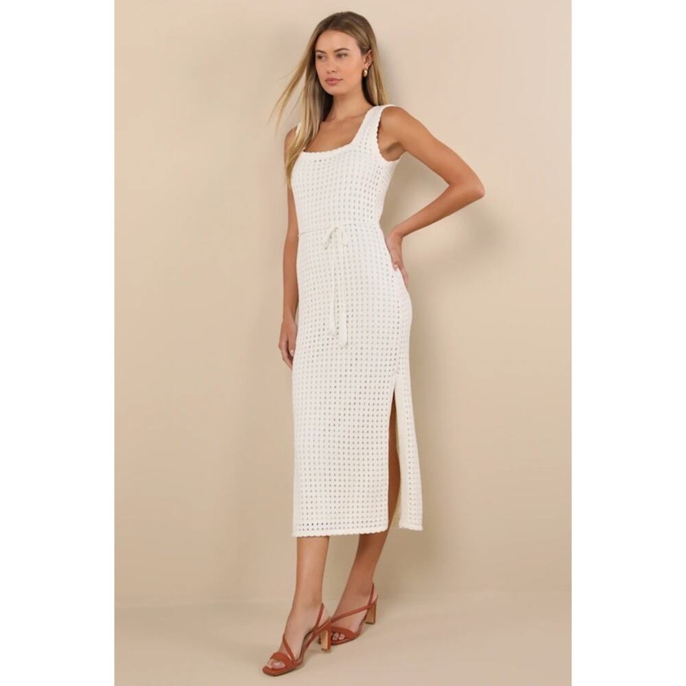 NWT Lulus Sunshine Babe Ivory Knit Crochet Midi Sweater Dress XL